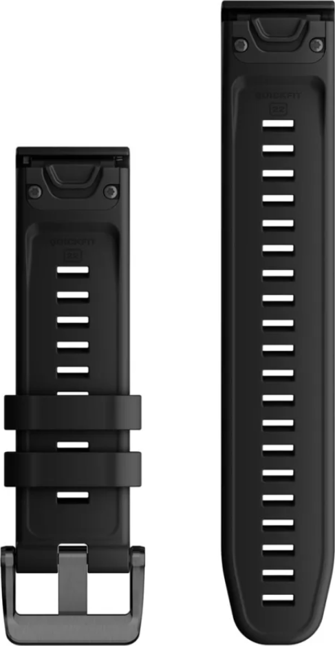 Schwarze Uhrenarmbandteile: eins mit Schnalle, eins mit Löchern. Beide sind schwarz.