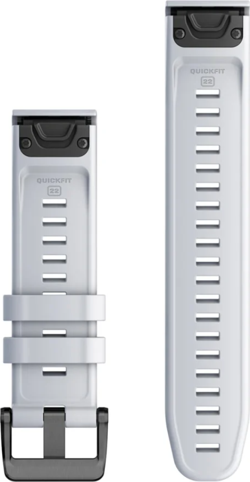 Due cinturini bianchi per orologi. Uno ha una fibbia e l'altro un'etichetta QuickFit 22.