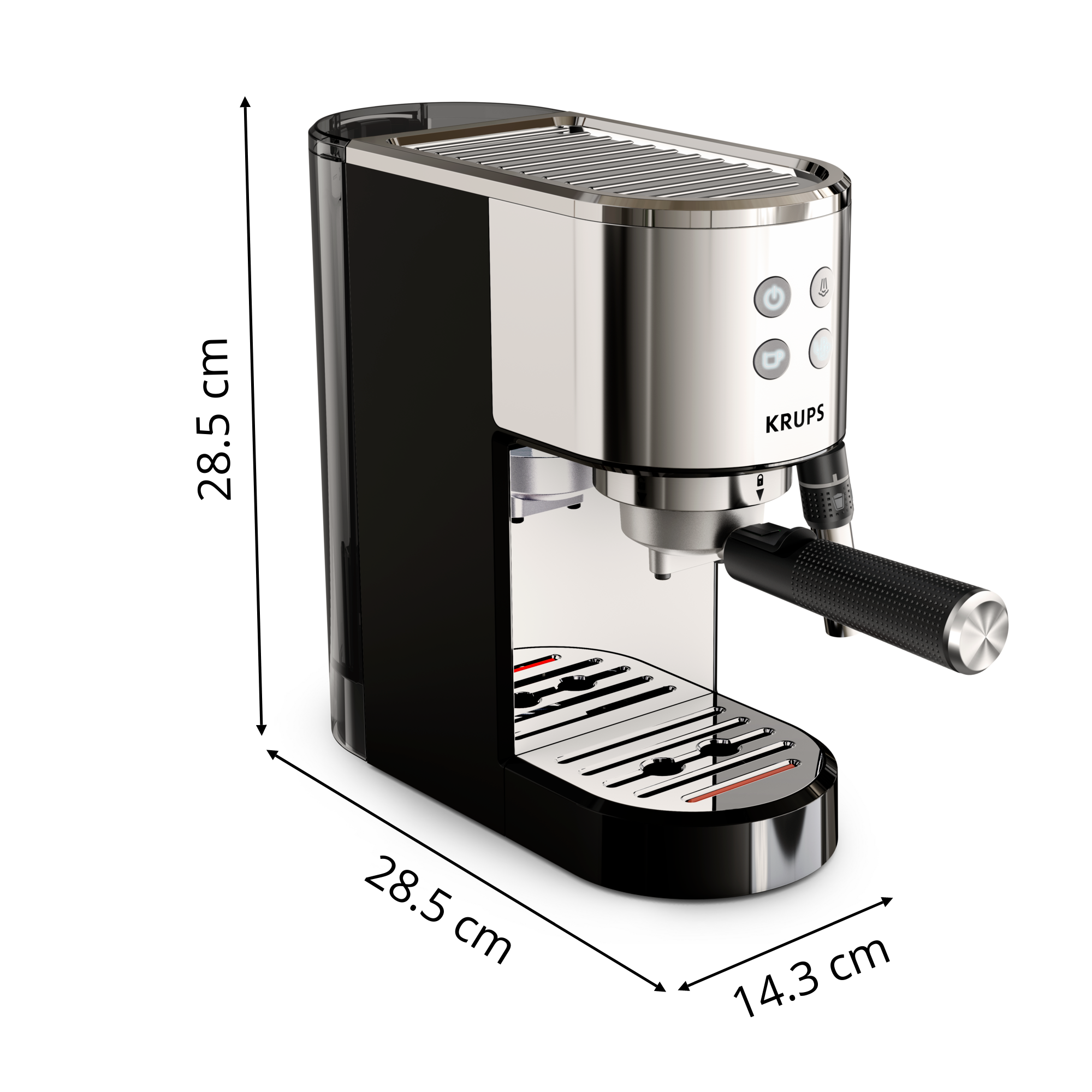 Máquina de espresso con medidas, negro y plateado, dimensiones visibles.