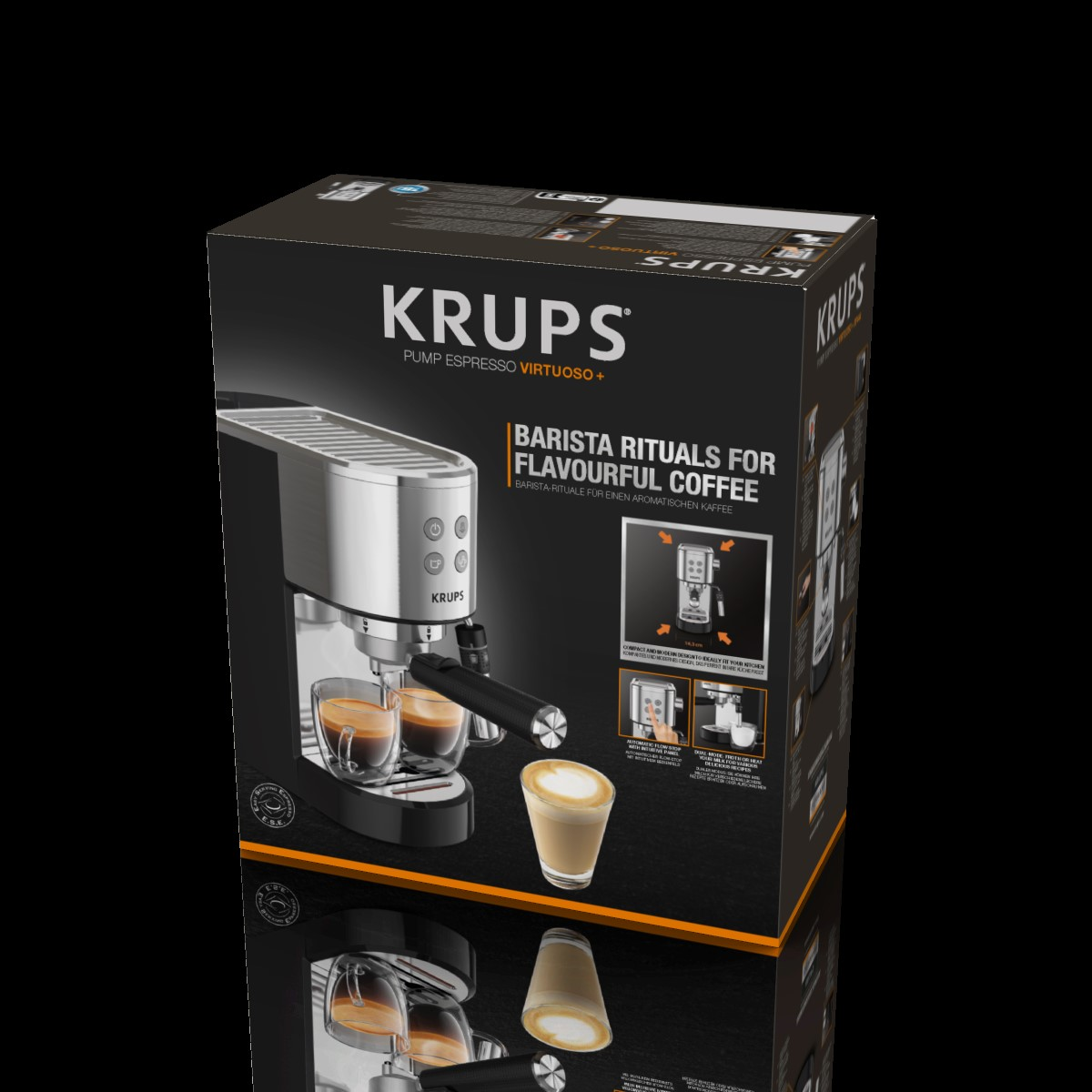 Caja negra de máquina de espresso Krups con imagen de la máquina y café preparado.