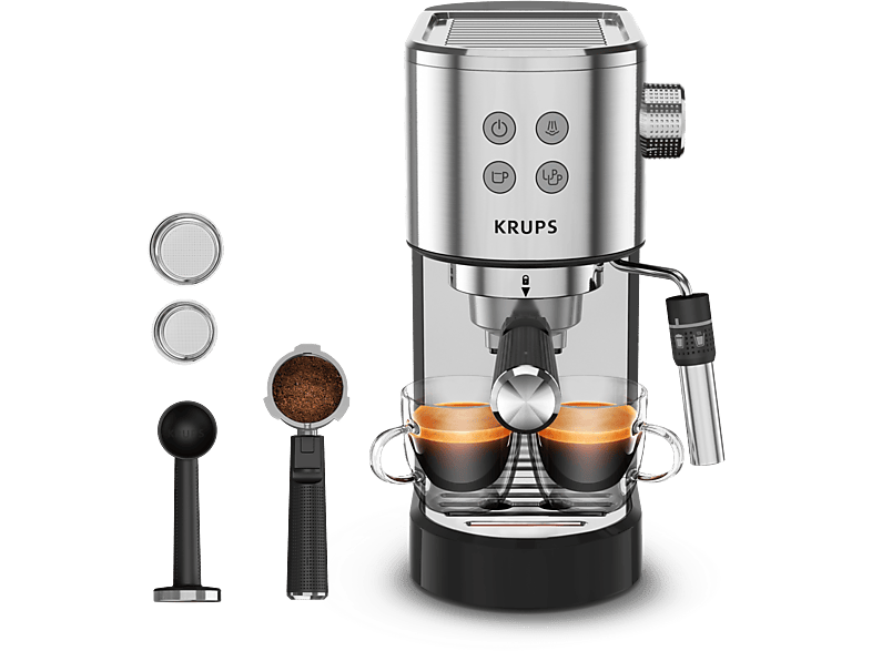 Cafetera express  Krups Virtuoso + XP444C, 1400 W, 15 Bar, 1 L,  Thermoblock, Compatible cápsulas blandas té e infusiones, Apagado autom.,  Acero Inox