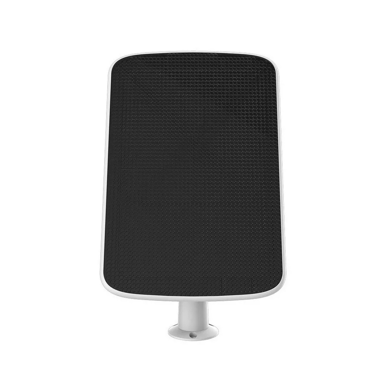 A rectangular solar panel with a black surface, mounted on a white base, on a white background.