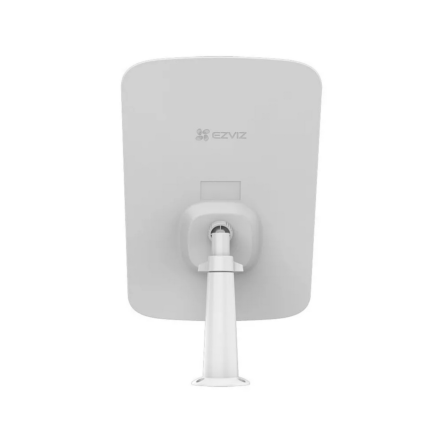 White EZVIZ camera. Square shape, mounted on a white arm.
