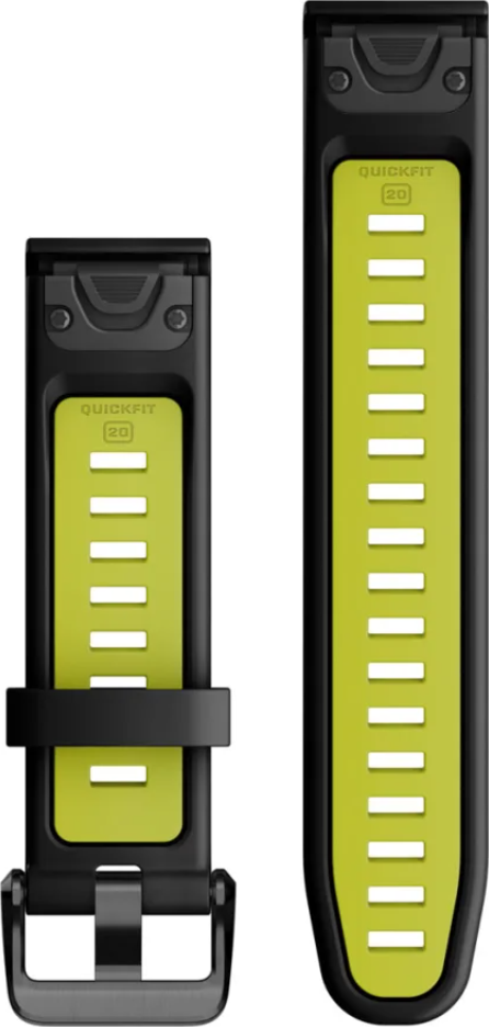 Schwarze und limettengrüne Uhrenarmbänder. Auf den Armbändern steht Quickfit 20.