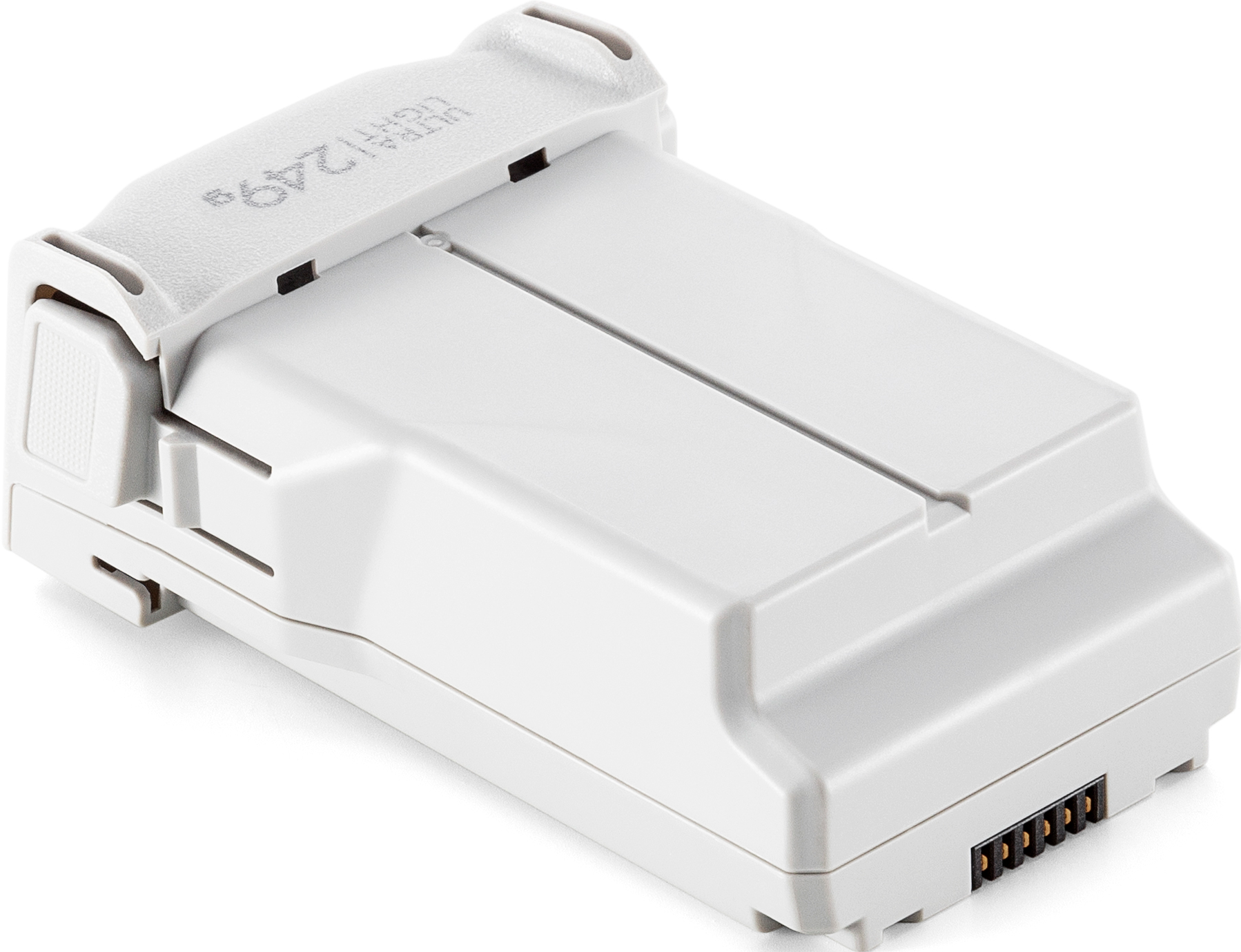 Batterie de drone blanche avec des accents gris. Texte: 'ULTRA LIGHT 249g'. Elle a un connecteur avec des broches.