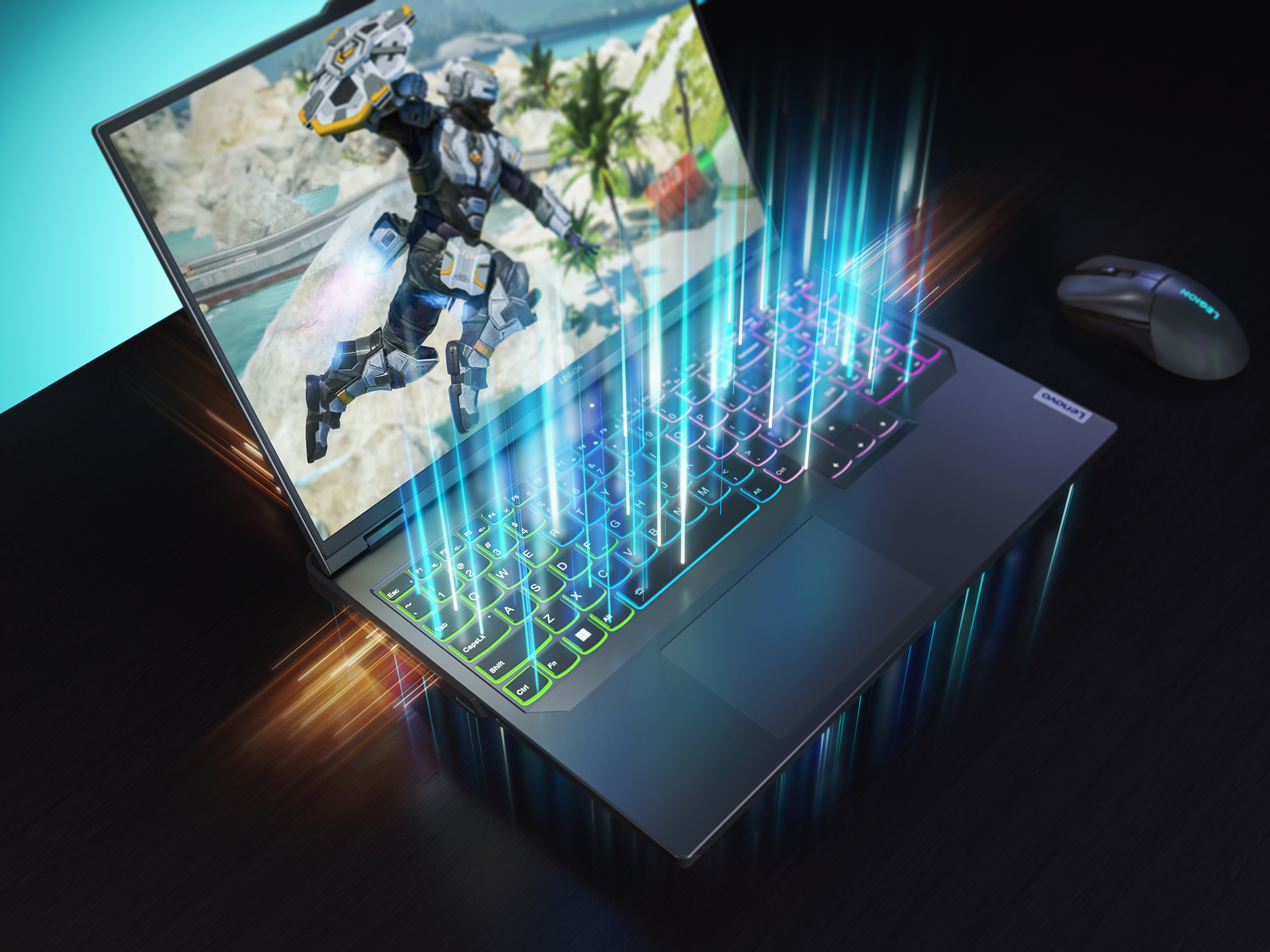 Ein Laptop mit einem Videospiel und bunten Tastaturleuchten.