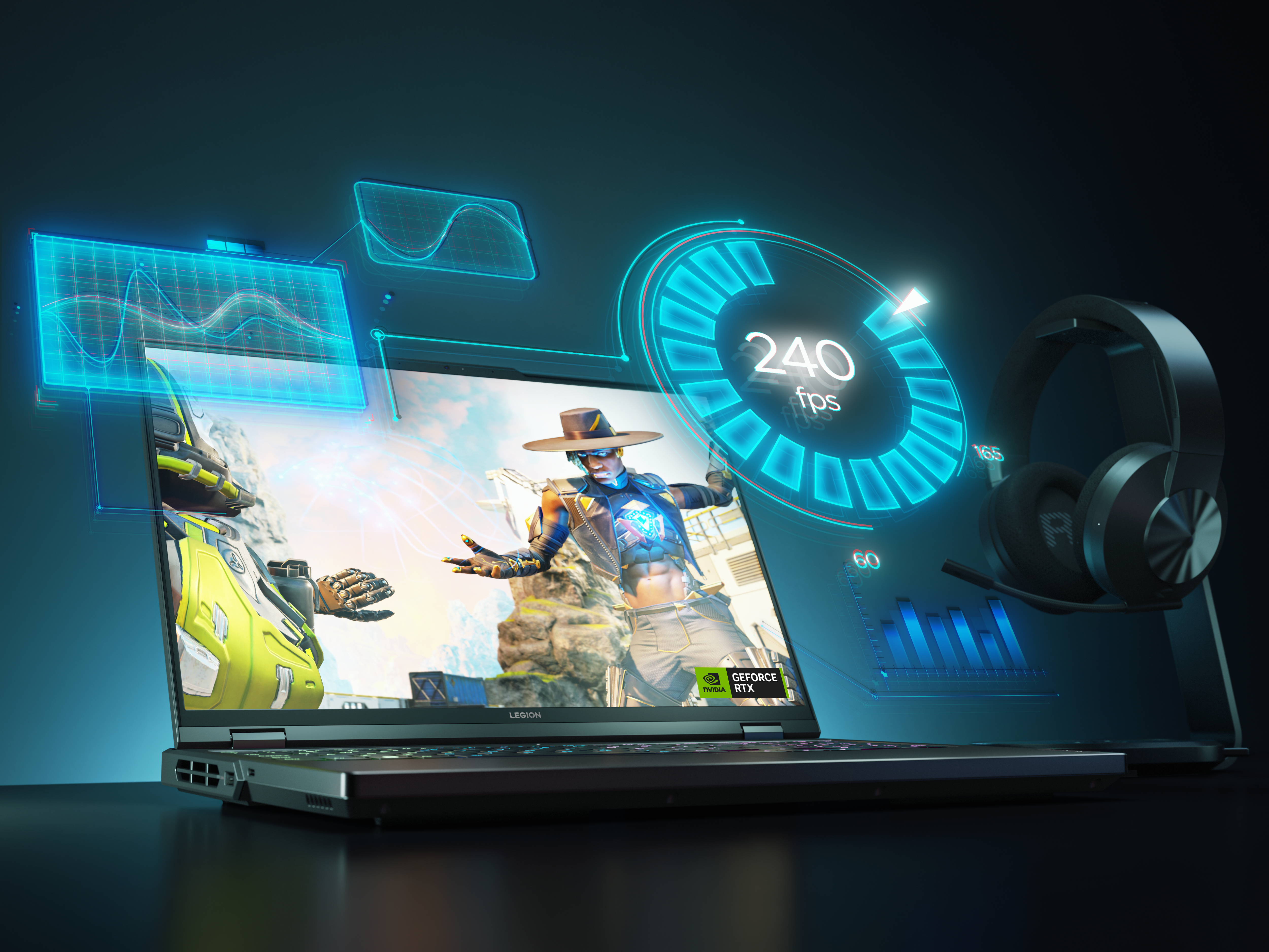 Gaming-Laptop mit Spielszene, hoher FPS und Headset an der Seite.