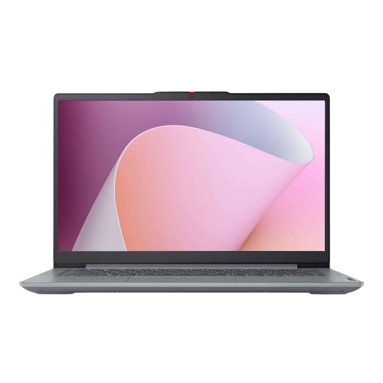 Ordinateur portable avec écran dégradé rose et blanc, lunette sombre et clavier argenté.
