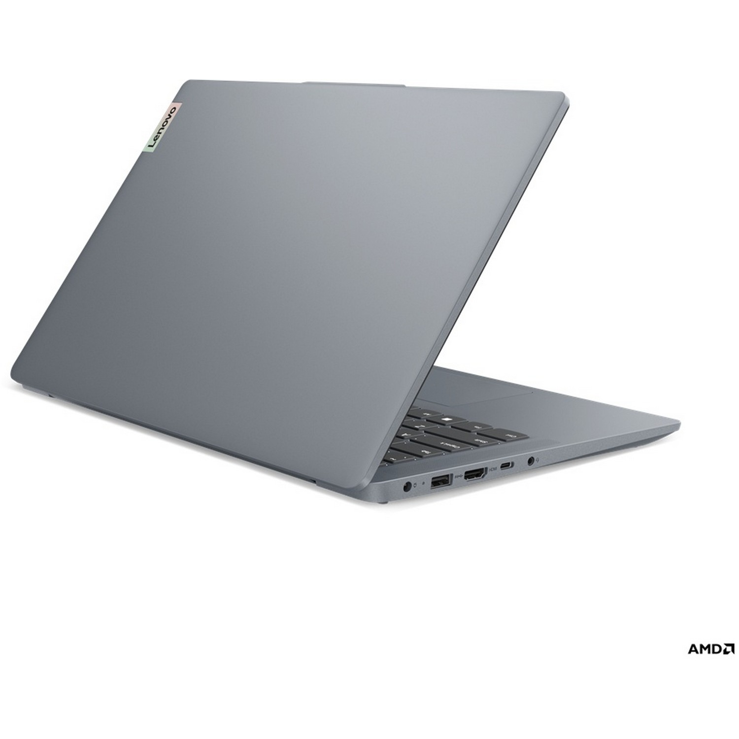 Ordinateur portable Lenovo gris, ouvert, montrant clavier et ports. Logo AMD en bas à droite.