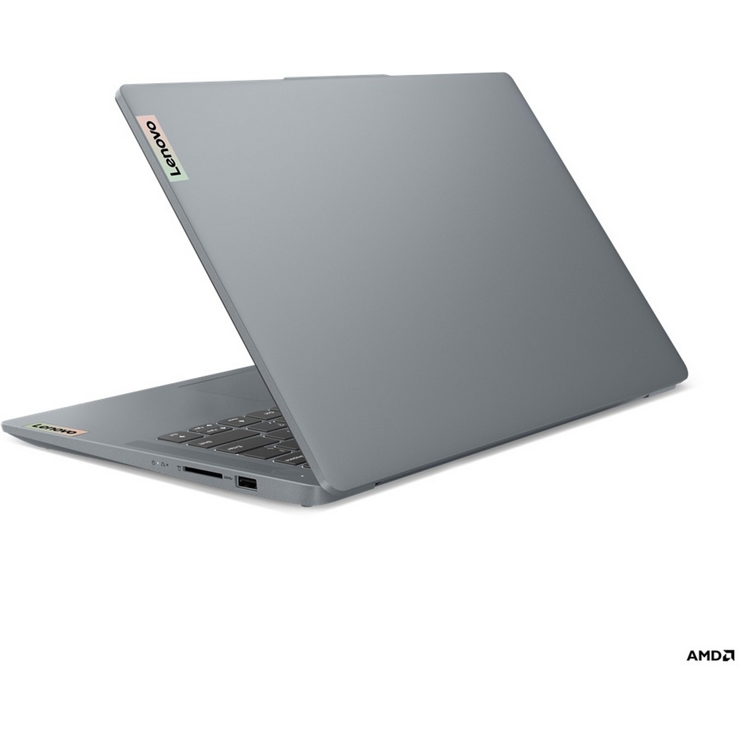 Ordinateur portable Lenovo gris, partiellement ouvert. Le logo Lenovo est visible. Fond blanc.