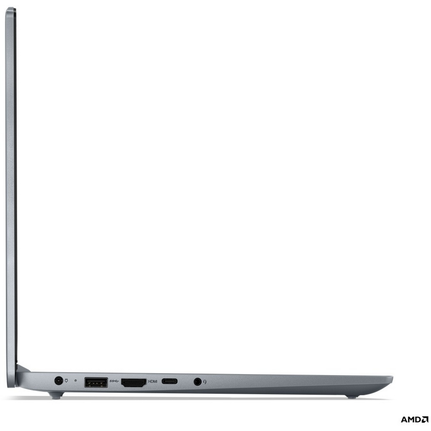 Vue latérale d'un ordinateur portable gris avec ports visibles. Logo AMD en bas à droite.