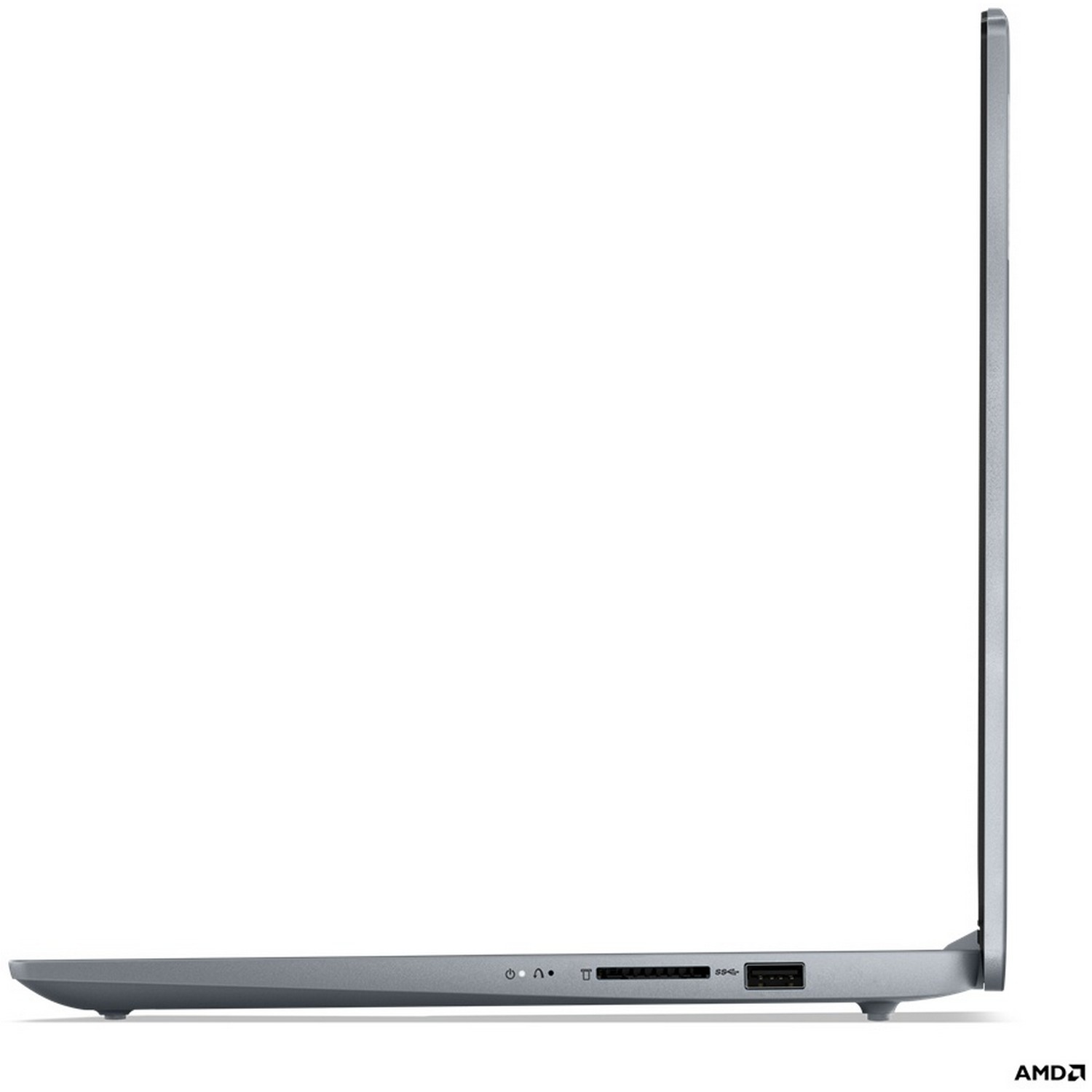 Vue latérale d'un ordinateur portable gris avec quelques ports et le logo AMD.