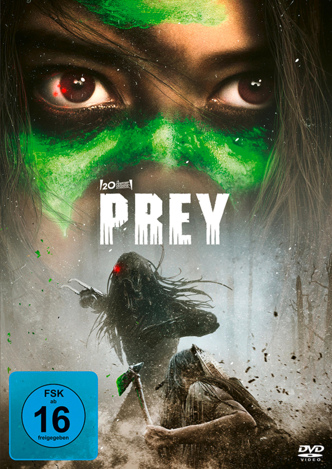 Prey-Filmplakat. Ein Gesicht mit grüner Farbe. Ein Wesen mit Krallen und eine weitere Figur.