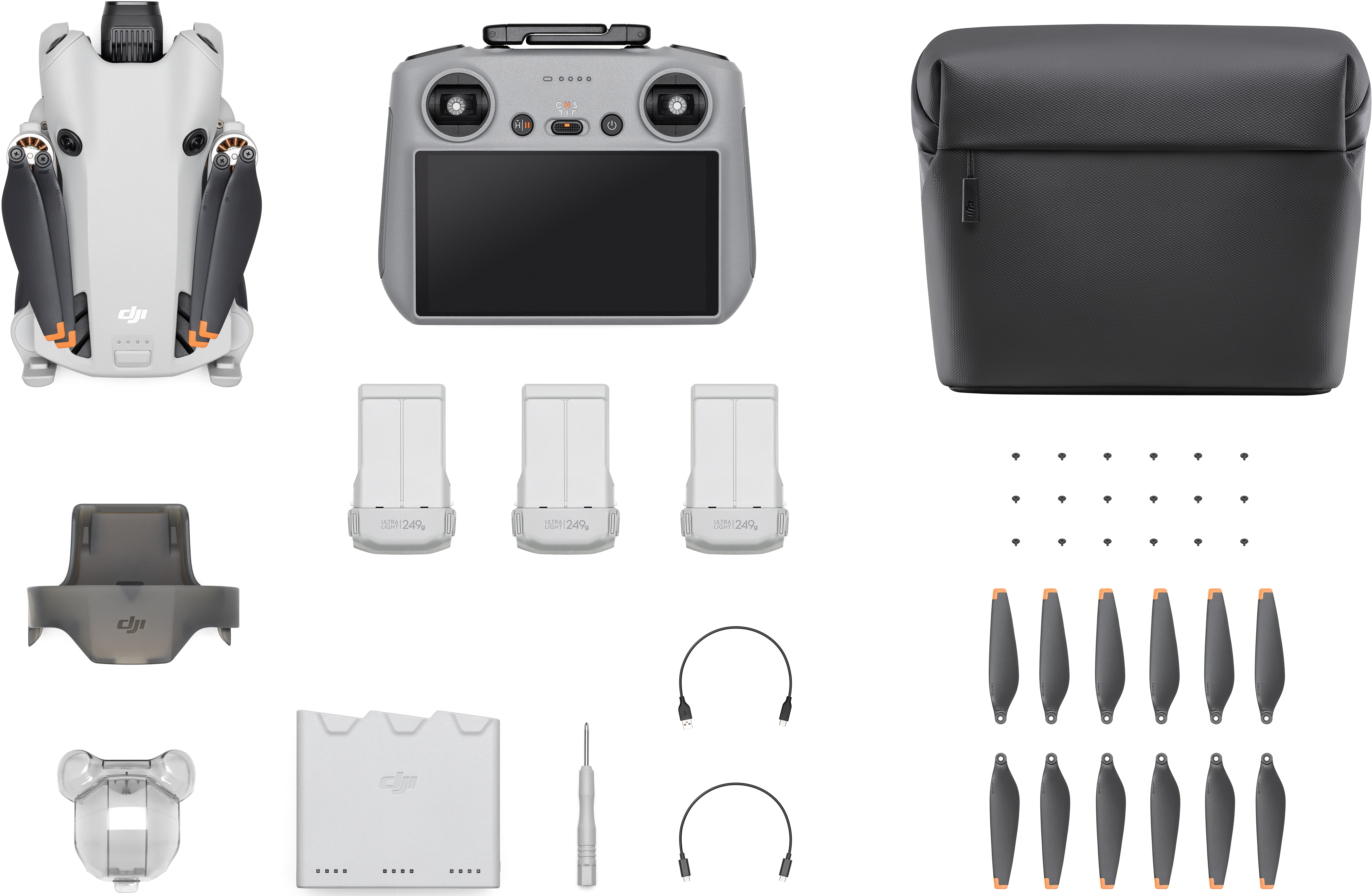 Drohne und Zubehör: Controller, Akkus, Tasche, Propeller und Werkzeuge.