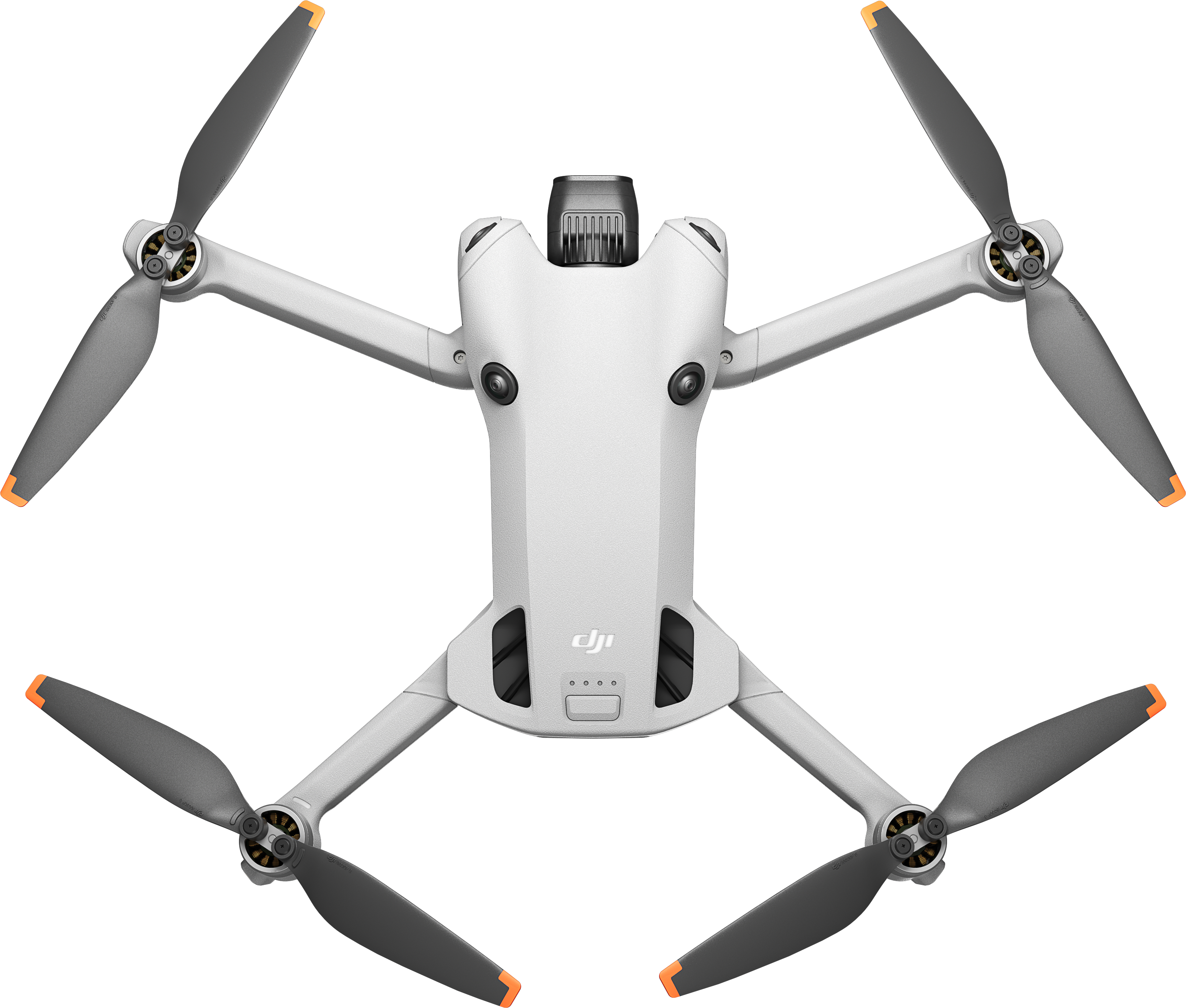 Un drone blanc avec des hélices grises et des pointes orange.