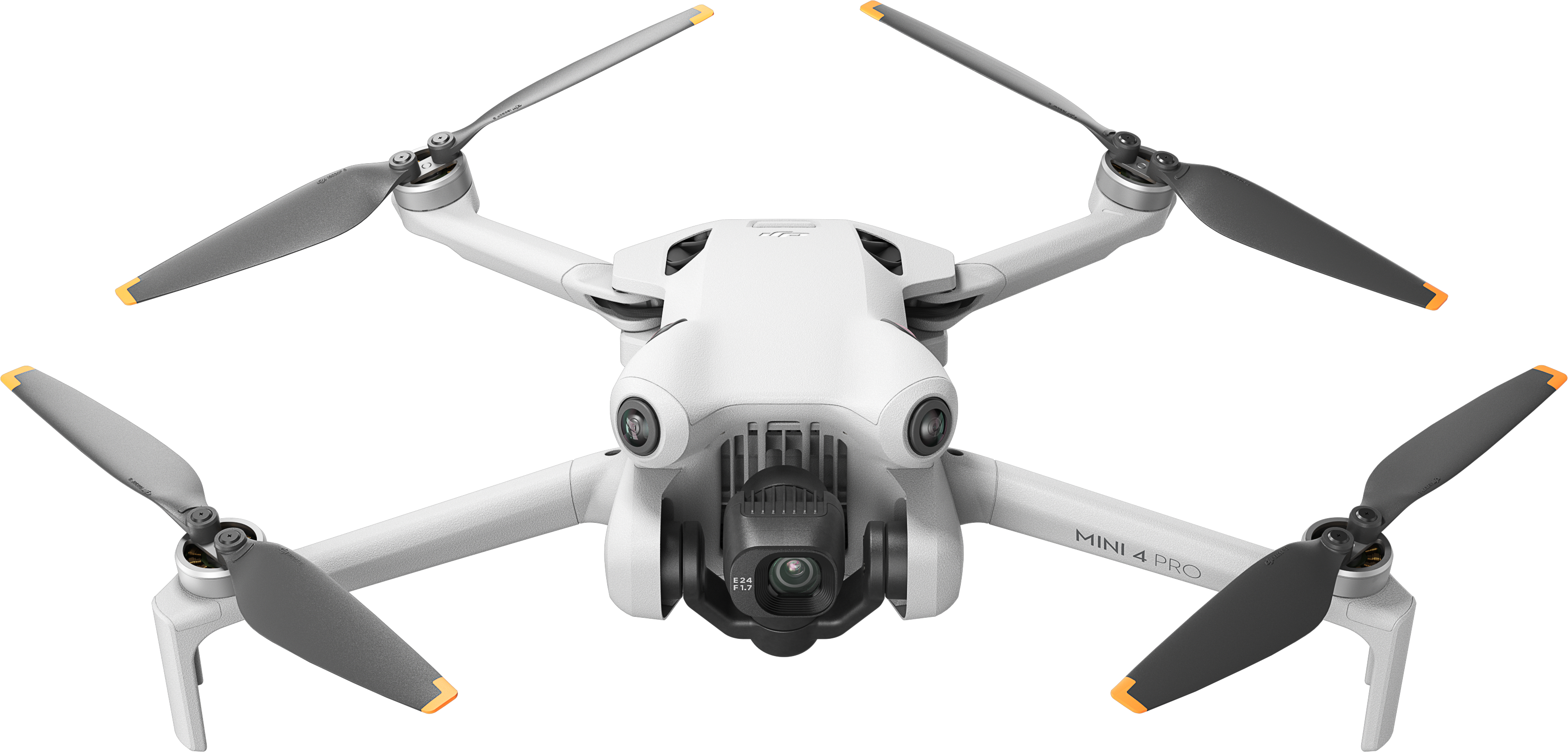 Drone blanc avec quatre hélices noires, deux caméras et un fond noir.