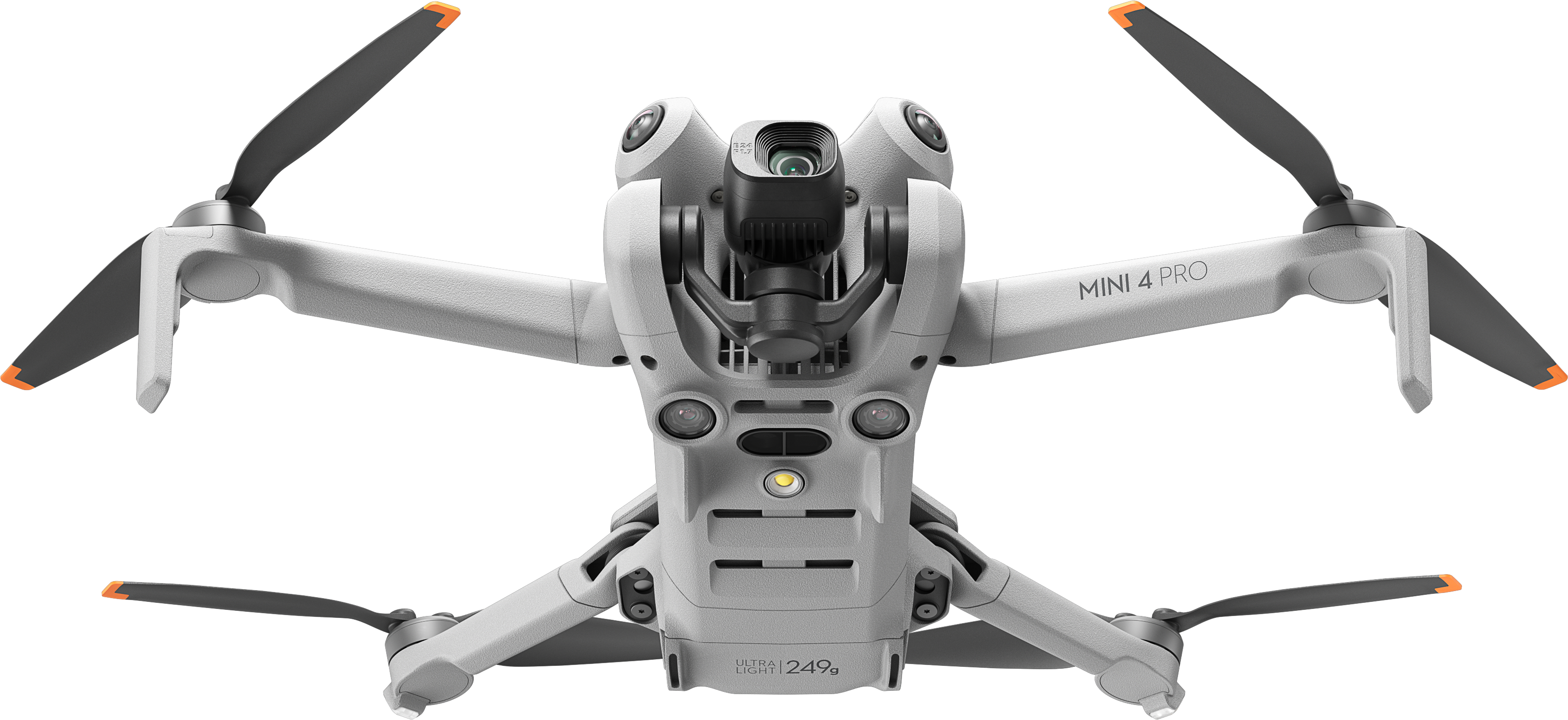 Un drone gris avec des hélices déployées, vu d'en haut, avec un fond noir.