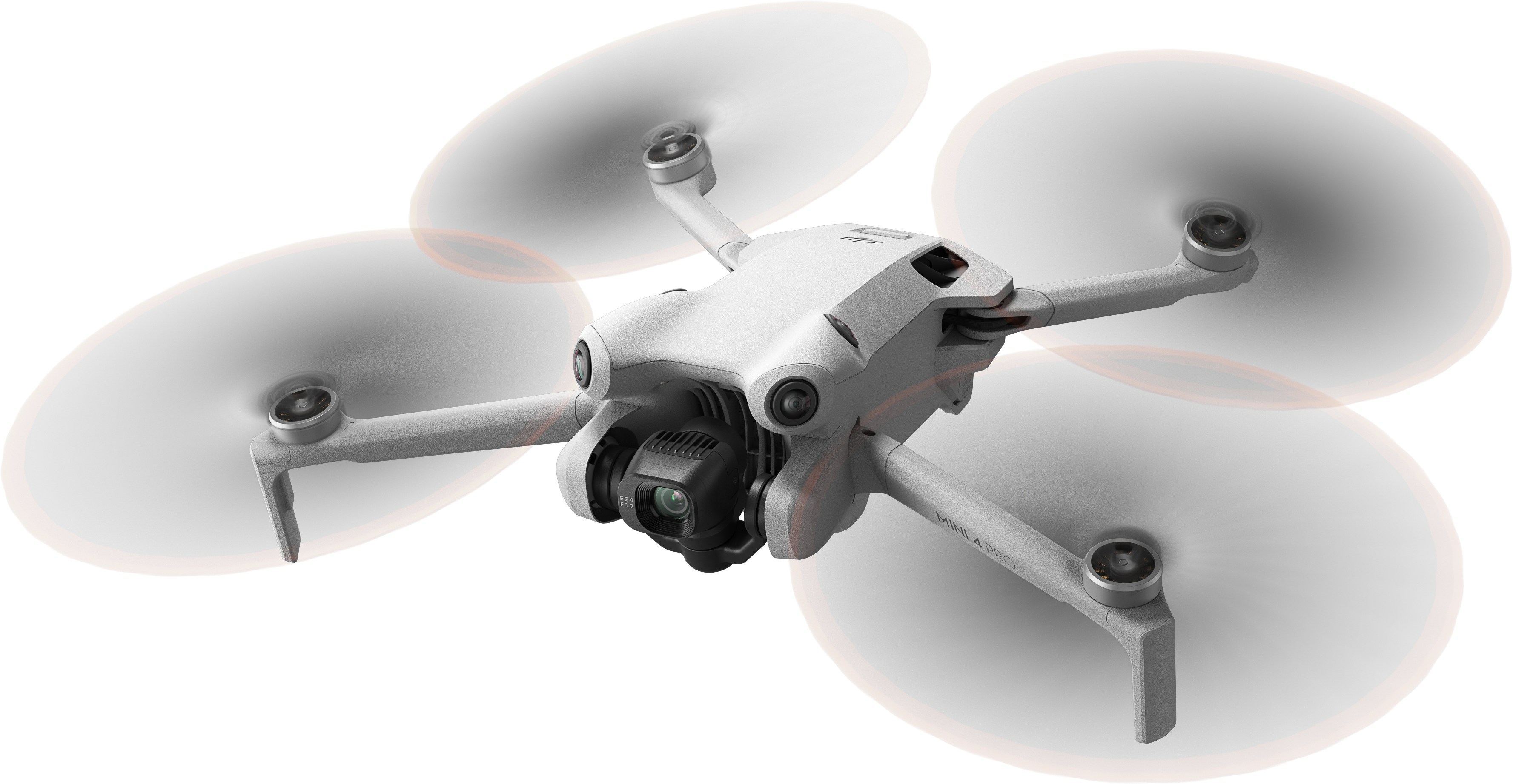Drone blanc avec quatre hélices. Les hélices ont une lueur orange. Fond noir.