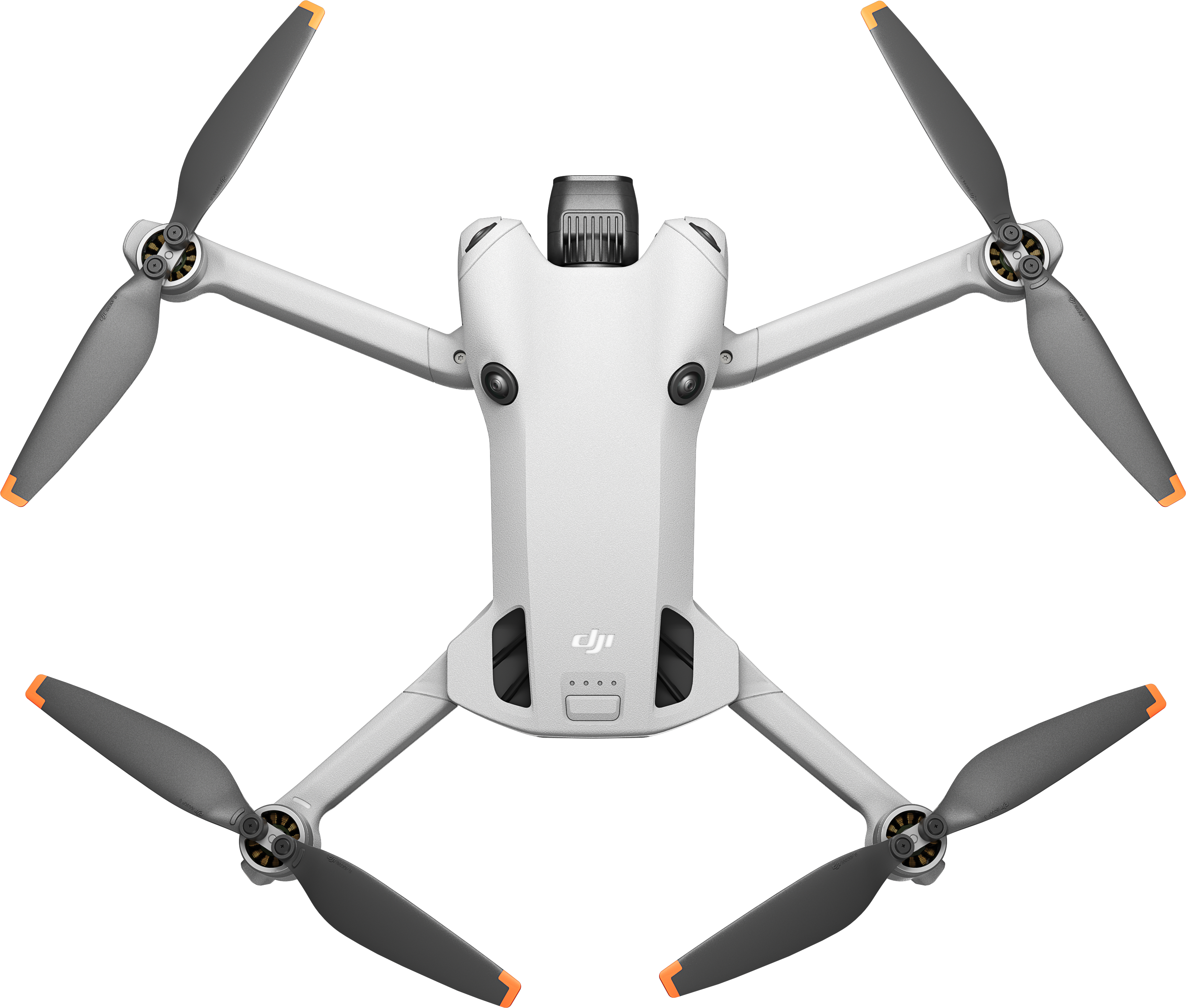 Vue de dessus d'un drone. Corps blanc avec hélices noires et accents oranges aux extrémités.