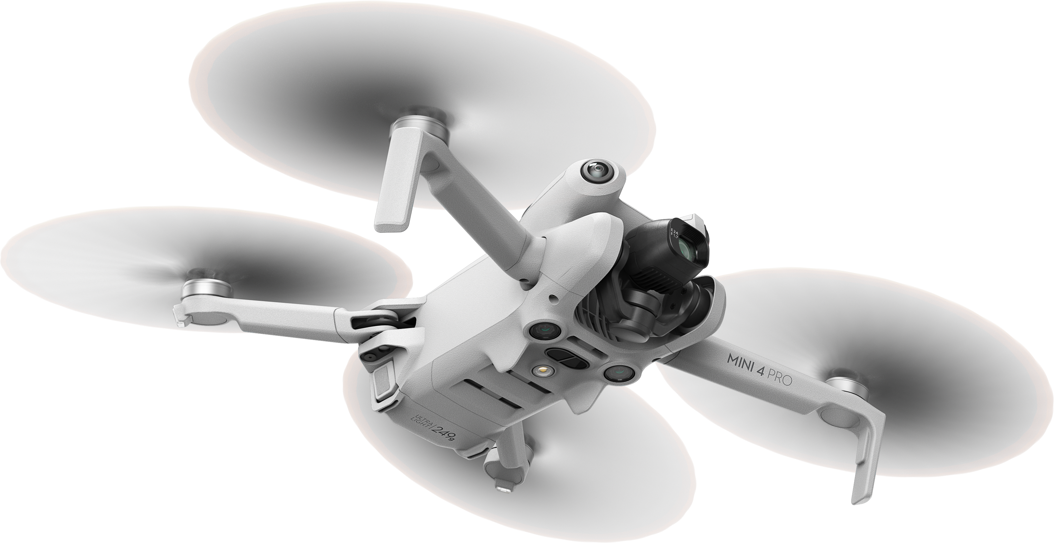 Un drone blanc avec quatre hélices en vol, avec un fond noir et orange.