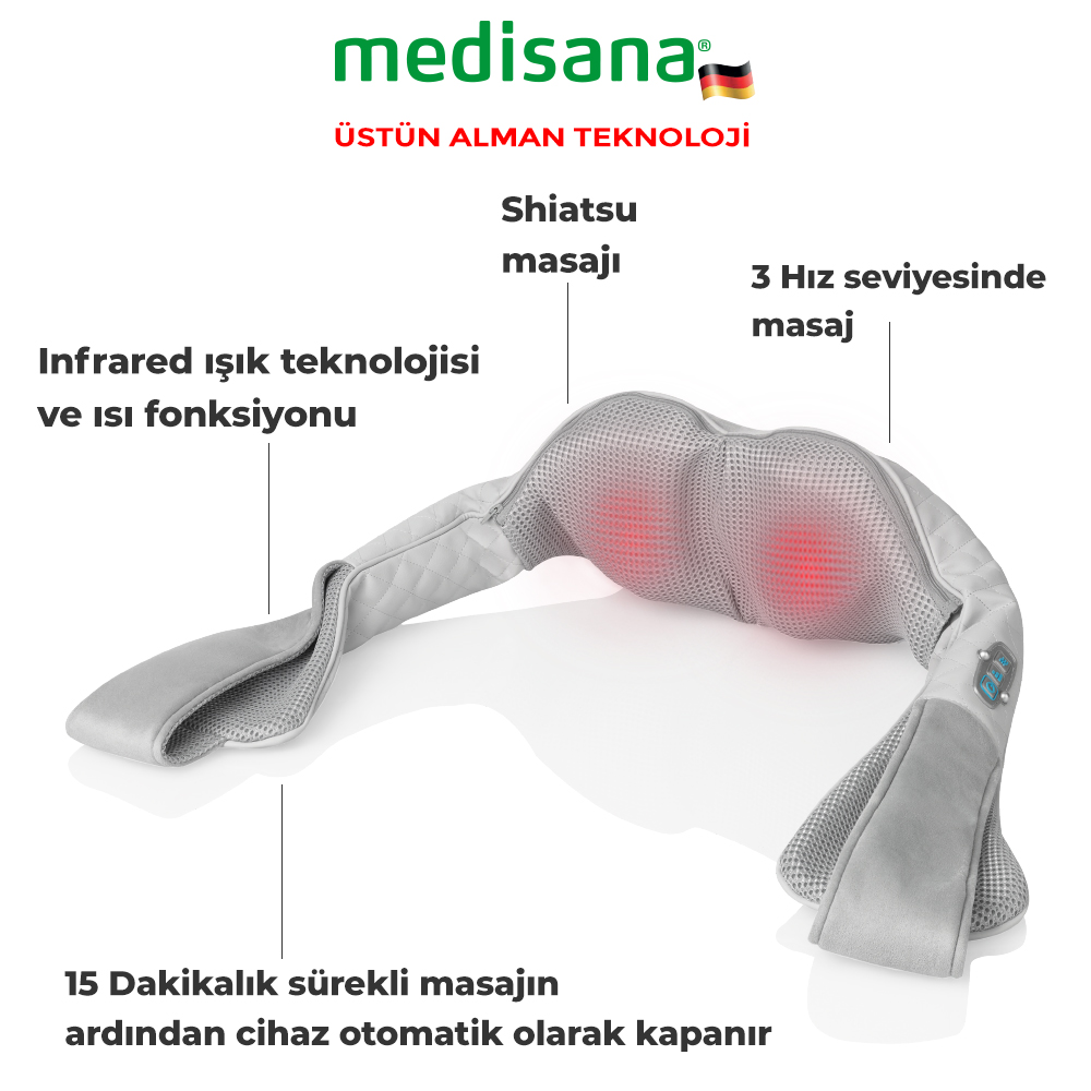 Gri masaj cihazı, metin etiketleri ve kırmızı ışıklarla, beyaz arka plan üzerinde.