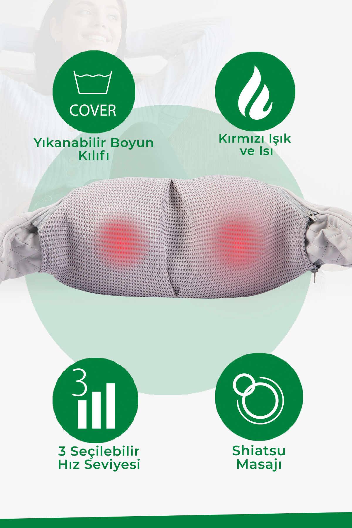 Yeşil simgelerle boyun masaj cihazı: kapak, kırmızı ışık, 3 hız, Shiatsu masajı.