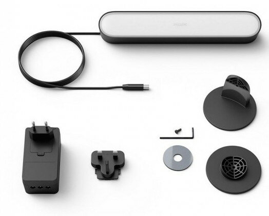 Listwa świetlna z akcesoriami: zasilacz, uchwyty i kabel.