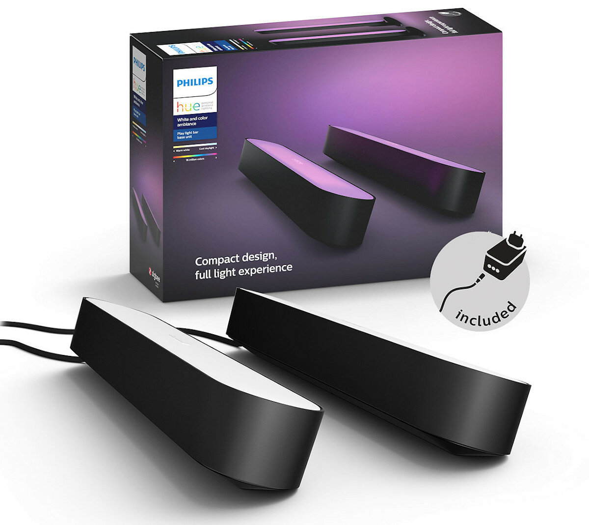 Pudełko z lampkami Philips Hue. Dwie czarne listwy świetlne z czarnymi przewodami zasilającymi i wtyczką znajdują się z przodu.