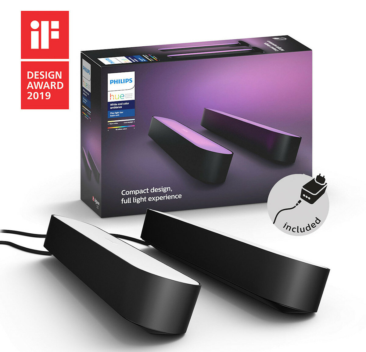Listwy świetlne Philips Hue w pudełku z akcesoriami. Czarne listwy świetlne.