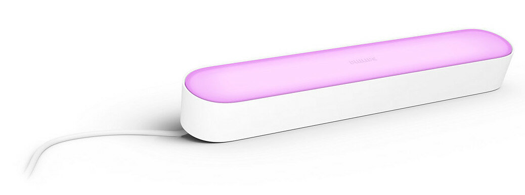 Biały pasek świetlny Philips Hue emitujący fioletową poświatę.