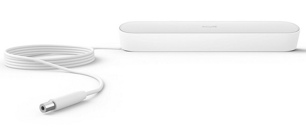 Biały, prostokątny pasek świetlny Philips Hue. Kabel i wtyczka po lewej, listwa świetlna po prawej.