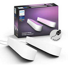 Listwy świetlne Philips Hue w pudełku. Dwie białe listwy świetlne i zasilacz.