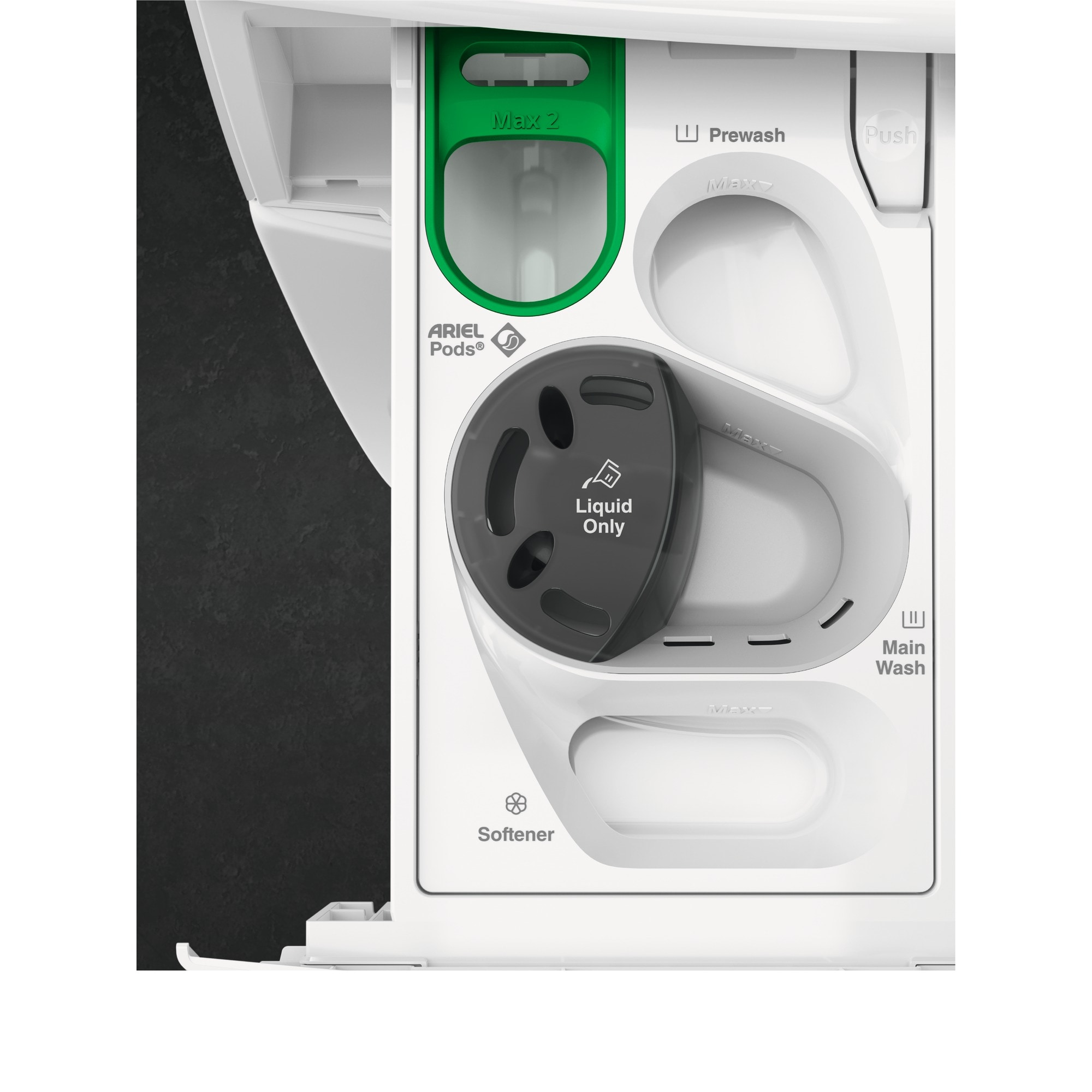 Washing machine detergent drawer, compartments for Ariel pods and liquid detergent, white plastic.