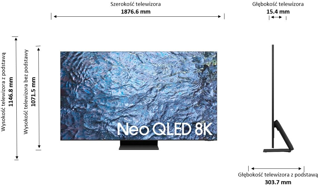 Telewizor z wymiarami. Wyświetlacz z niebiesko-białym wzorem. Widok z boku pokazuje grubość TV.