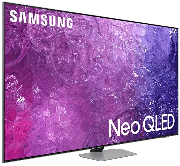 Telewizor Samsung Neo QLED. Wyświetla fioletowy wzór przypominający wodę.