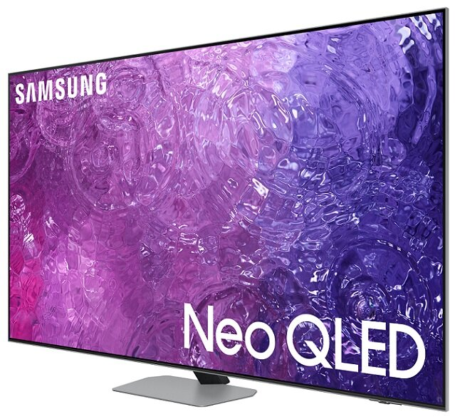 Telewizor Samsung Neo QLED na szarej podstawie.