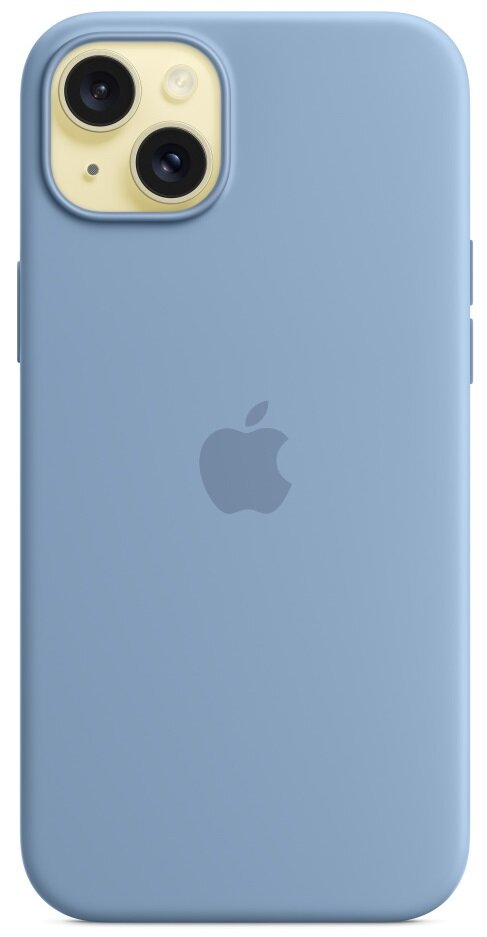 Niebieskie etui na iPhone'a, logo Apple pośrodku, widok z tyłu.