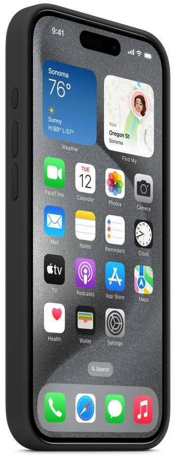 Czarny iPhone z ciemnym tłem wyświetla ikony aplikacji, pogodę i mapę.