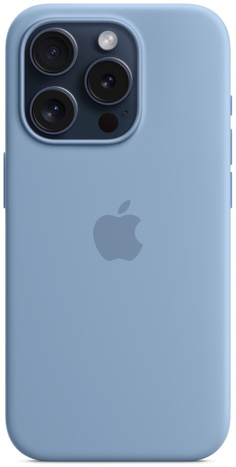 Jasnoniebieskie etui na iPhone'a. Widoczny jest tył telefonu z logo.