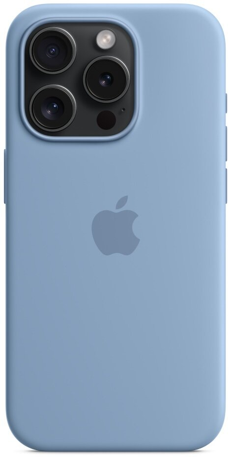 Niebieskie etui na telefon z trzema obiektywami i logo Apple na białym tle.