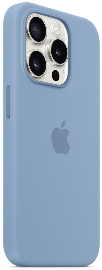Niebieskie etui na iPhone'a z logo Apple na białym tle.