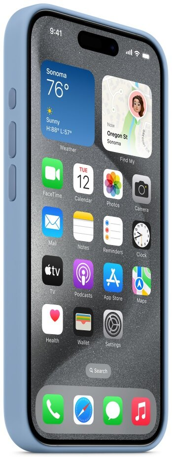 iPhone z niebieskim etui. Ekran główny pokazuje aplikacje, pogodę i mapy.