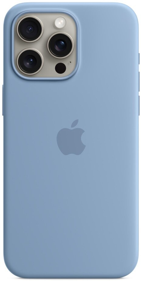 Niebieskie etui na iPhone 13 Pro, z logo Apple i widocznym aparatem.