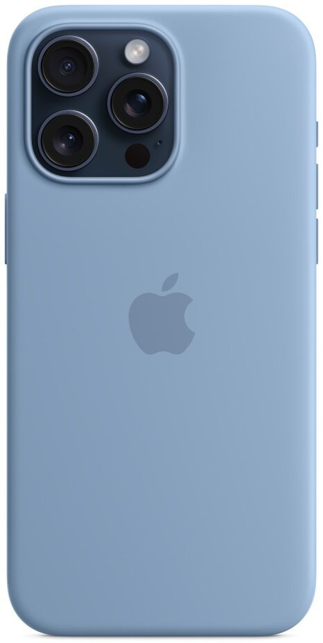 Jasnoniebieski tył iPhone'a z aparatem i logo Apple.
