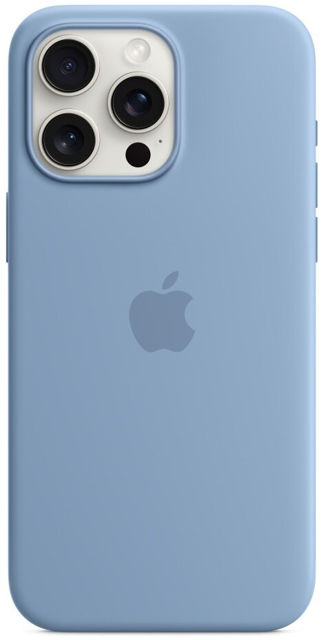 Niebieskie etui na iPhone z trzema obiektywami aparatu i logo Apple.