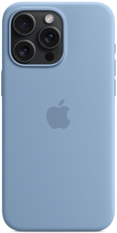 Niebieskie etui na iPhone z obiektywami aparatu i logo Apple na białym tle.