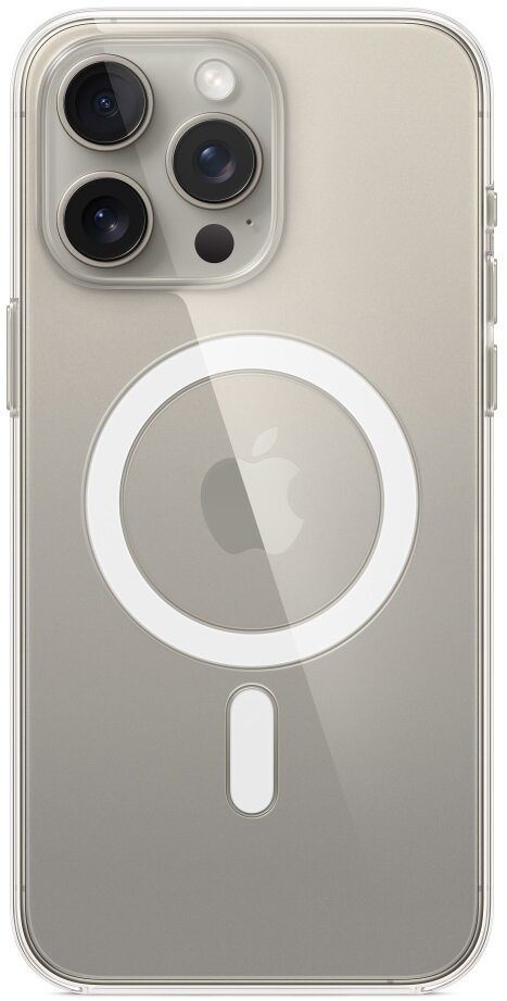 Tył iPhone'a z przezroczystym etui. Logo Apple widoczne na środku, z pierścieniem magnetycznym.