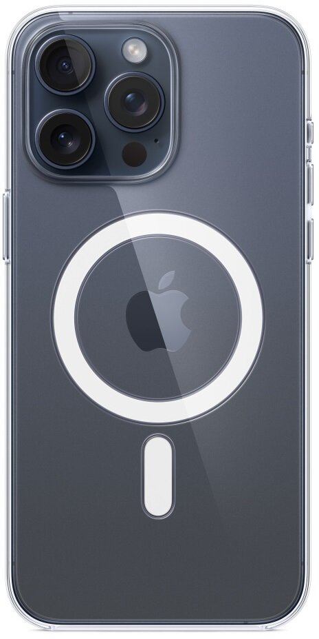 Przezroczyste etui na telefon z czarnym logo Apple i białym pierścieniem MagSafe na ciemnoszarym iPhonie.