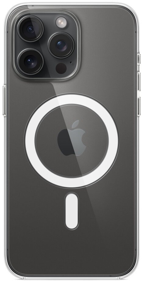 Przezroczyste etui na iPhone'a z pierścieniem MagSafe i logo Apple. Widoczne trzy obiektywy aparatu.