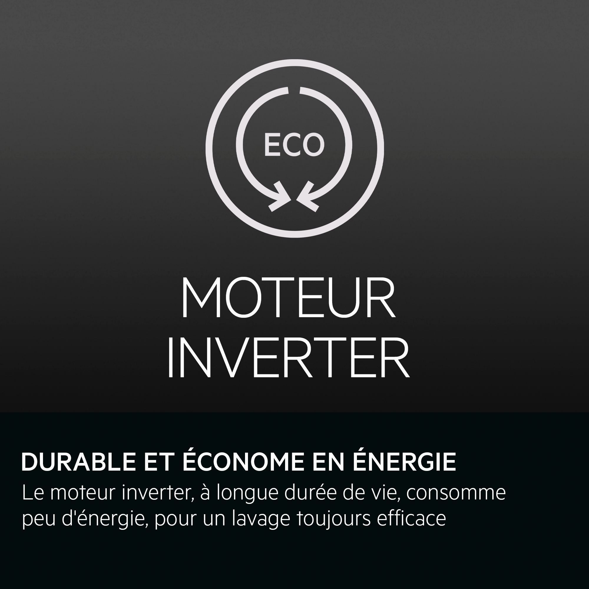 L'image montre un logo et du texte sur un moteur inverter, économe en énergie.
